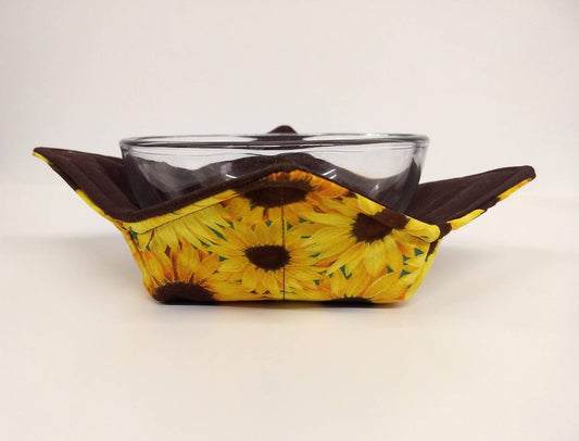 Bowl Cozy Microwave Safe Cotton Soup Hot Bowl Pot Holder in a Field of Sunflower and Solid Brown Fabric print