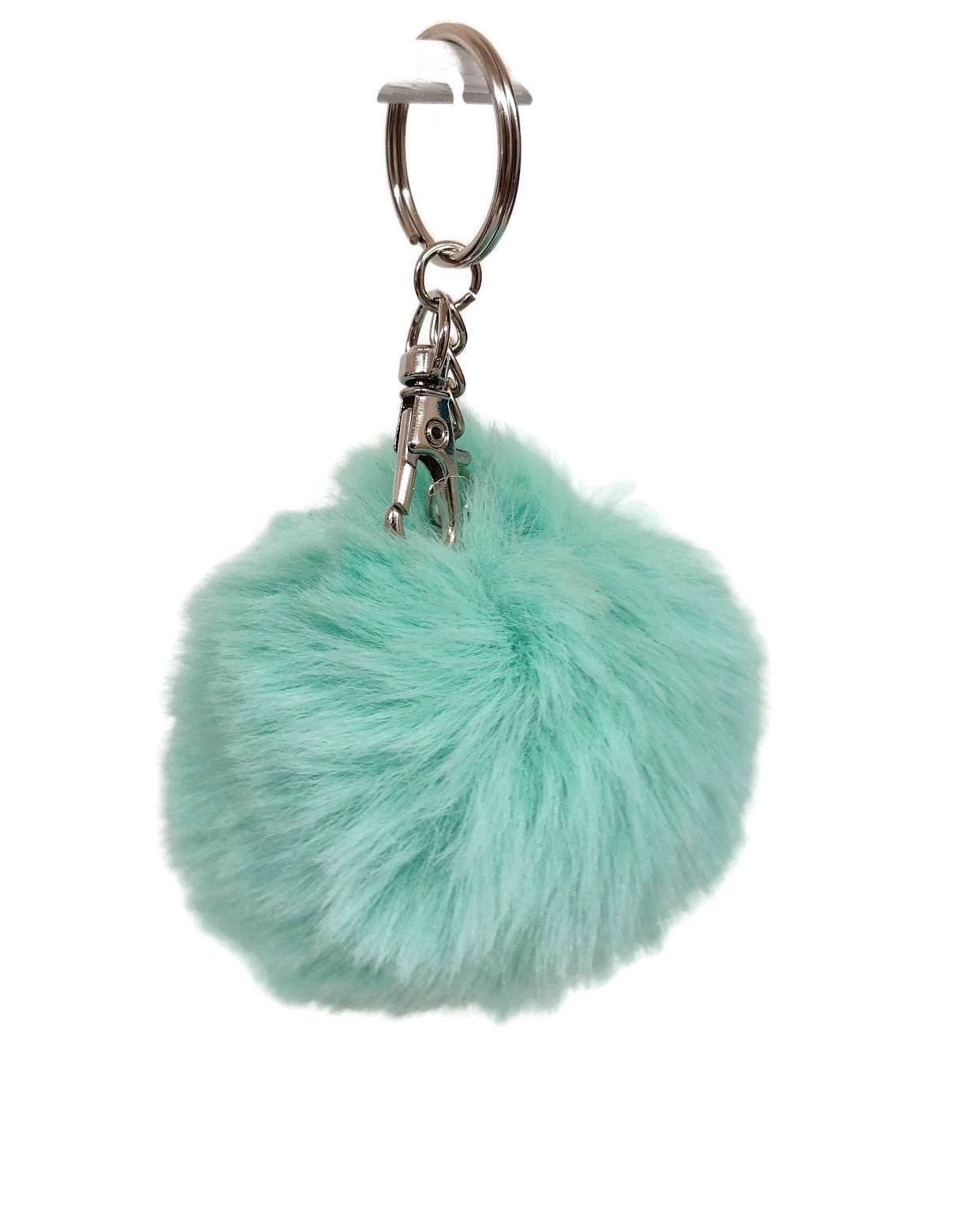 Teal faux fur pom pom keychain with lobster clasp