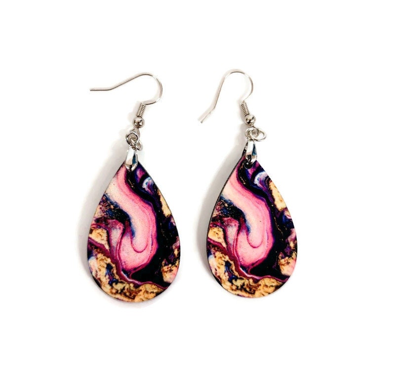 Pink Marble Effect Tear Drop Dangle Earrings