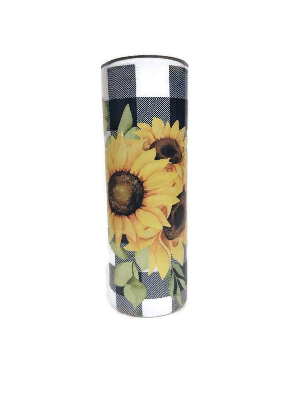Skinny double walled 20oz tumbler with lid Plaid Sunflower Bouquet.