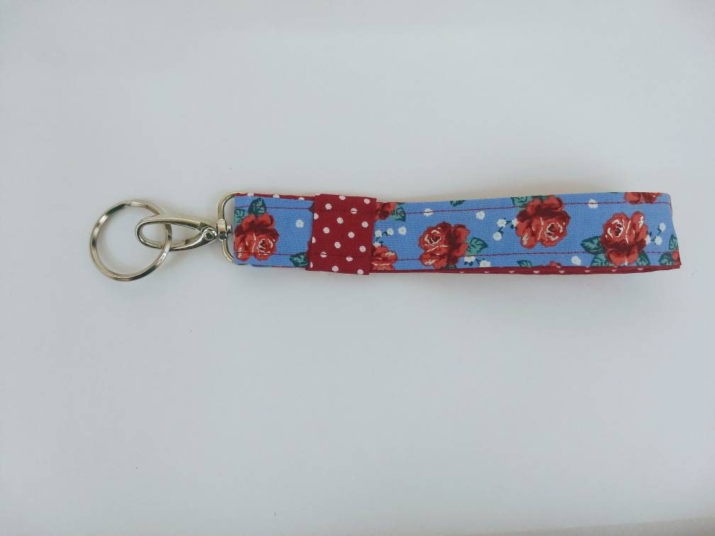 Fabric Lanyard KeyChain in a Roses and Polka Dot Fabric Print by Sewuseful Studios