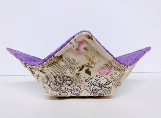 Bowl Cozy Microwave Safe Cotton Soup Hot Bowl Pot Holder in a Fine Print Flower and Light Purple Fabric Print