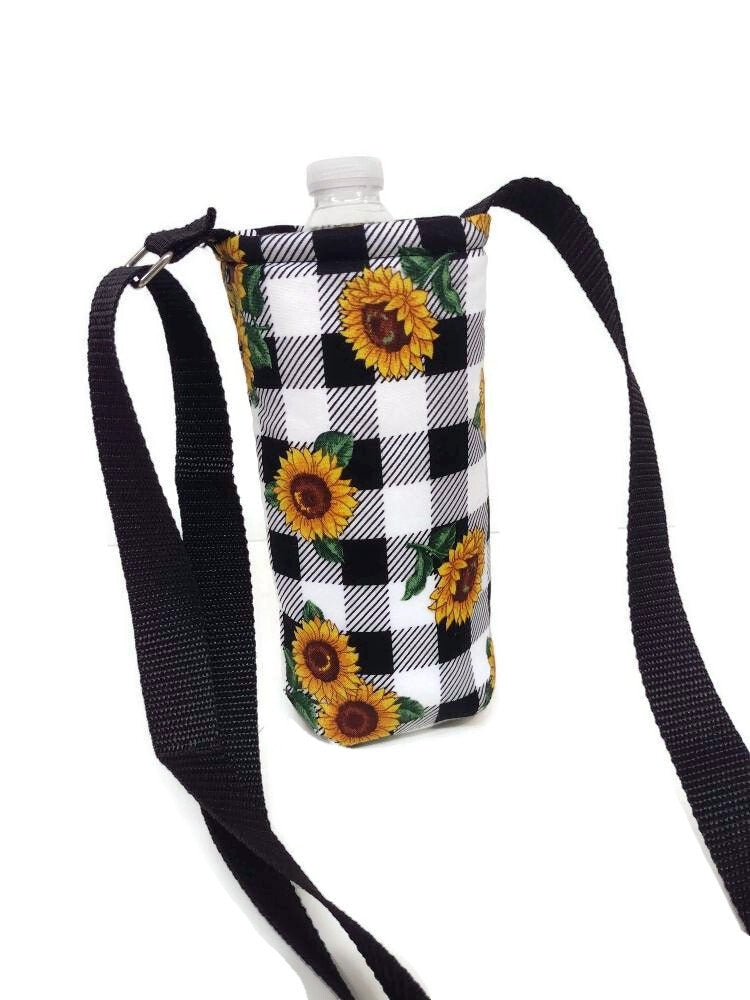 Plaid Sunflower Insulated Water Bottle Holder with Adjustable Strap