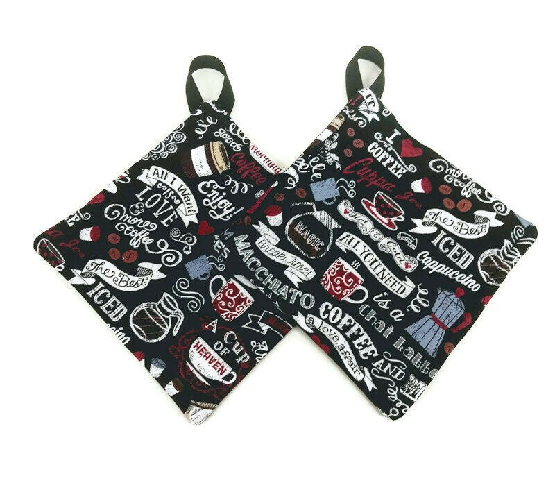 Pot holder for kitchen Pot Holder Set Oven Hot Pad Pot Holder for Cooking or Baking in a Black Graffiti Coffee Fabric Print