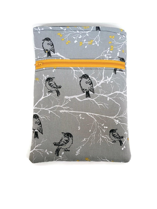 Tablet Sleeve case with Zipper Pocket in a Grey Bird with Gold Leaf Fabric Print