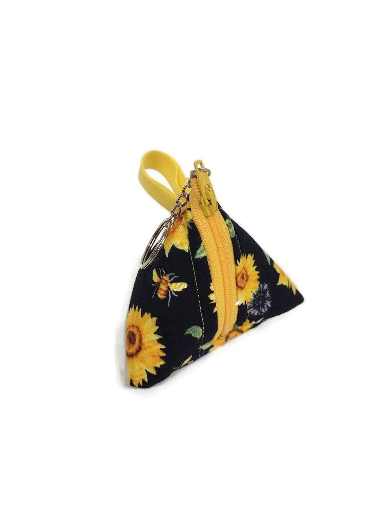 Black Sunflower Triangle Bag Keychain with Zipper