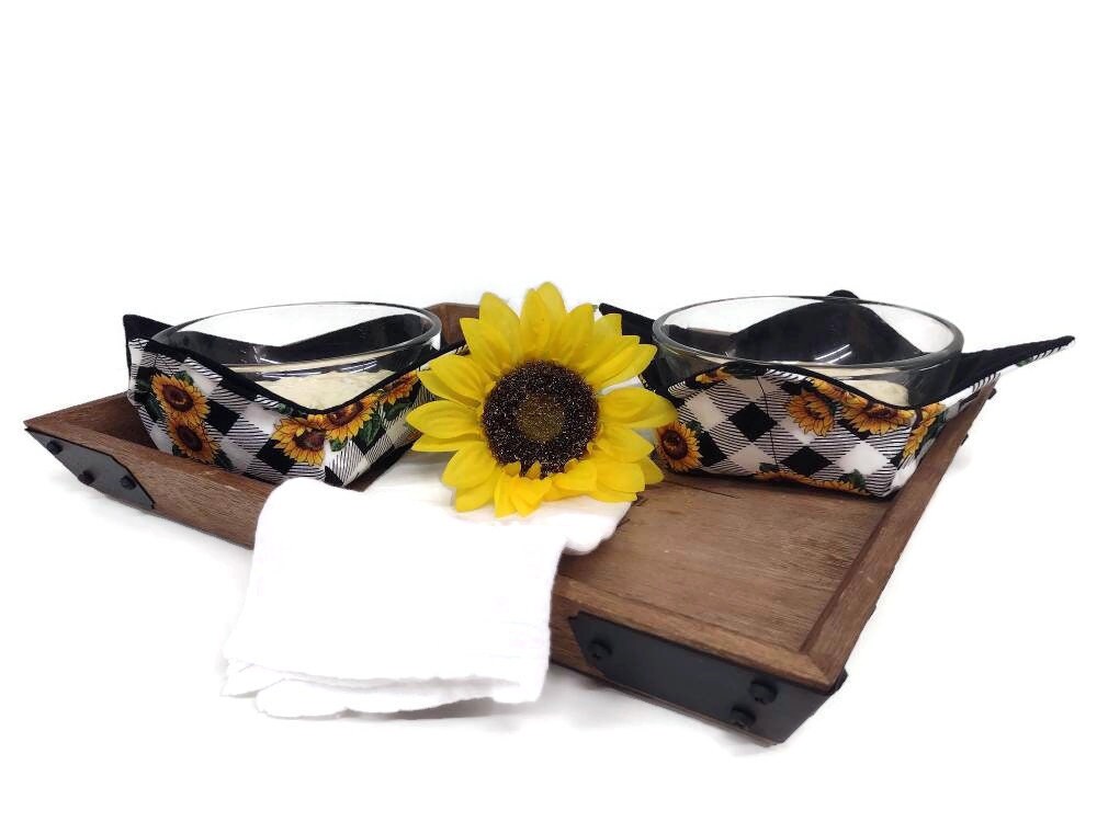 Bowl Cozy Microwave Safe Cotton Soup Hot Bowl Pot Holder in a Plaid Black and White Sunflower Fabric Print