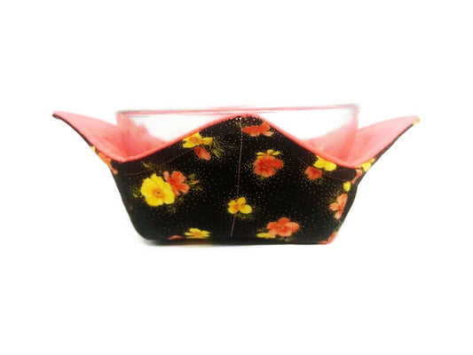 Bowl Cozy Microwave Safe Cotton Soup Hot Bowl Pot Holder in a Reversible Tropical Hibiscus and Peach Fabric Print