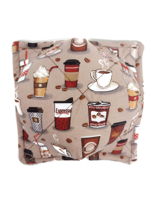Bowl Cozy Microwave Safe Cotton Soup Hot Bowl Pot Holder in a Latte Iced Coffee and Solid Brown Fabric Print