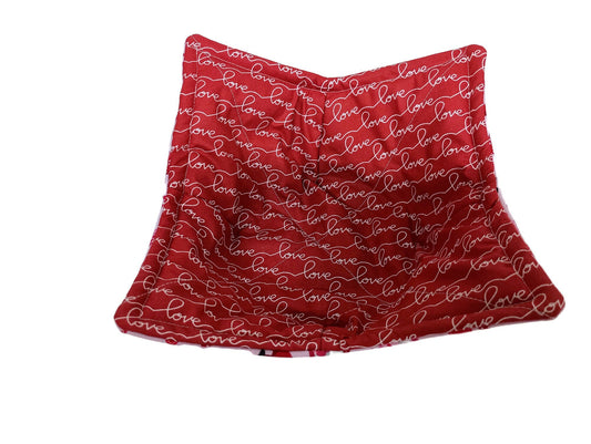 Bowl Cozy Valentines Day Microwave Safe Cotton Hot Soup Bowl Pot Holder in a Miniature Gnome and Love Fabric Print
