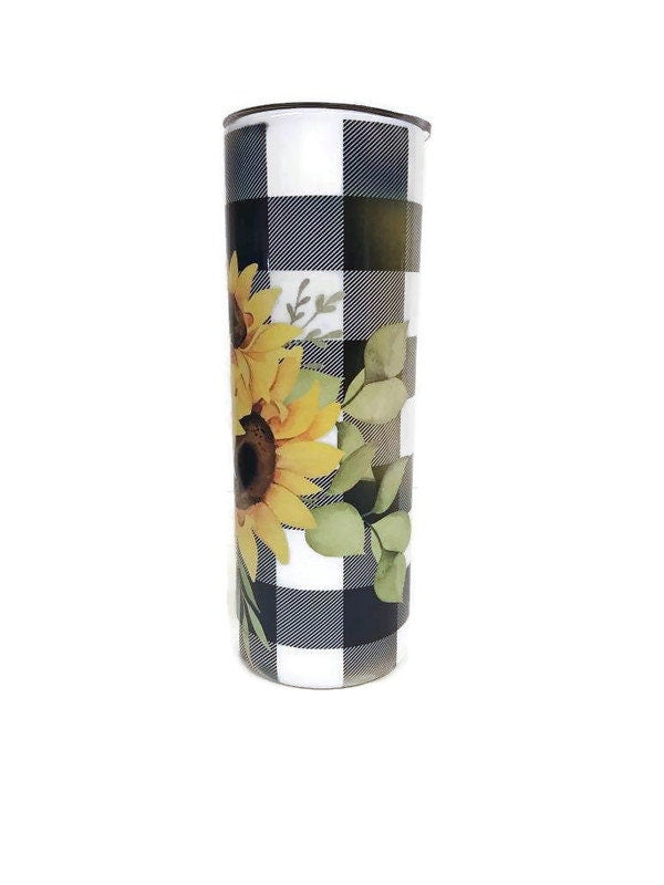 Skinny double walled 20oz tumbler with lid Plaid Sunflower Bouquet.