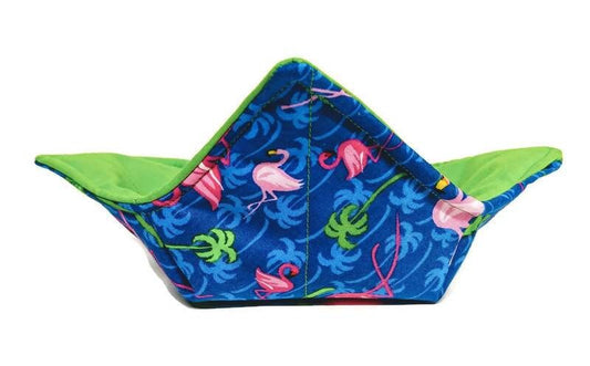 Bowl Cozy Microwave Safe Cotton Soup Hot Bowl Pot Holder in a Tropical Flamingo and Palm Tree Fabric print