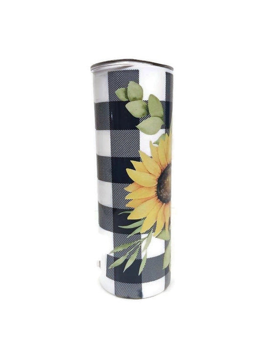 Skinny double walled 20oz tumbler with lid Plaid Sunflower Bouquet.
