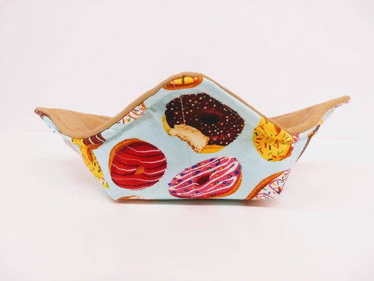 Bowl Cozy Microwave Safe Cotton Soup Hot Bowl Pot Holder in a Reversible Frosted Donut and Solid Tan Fabric Print