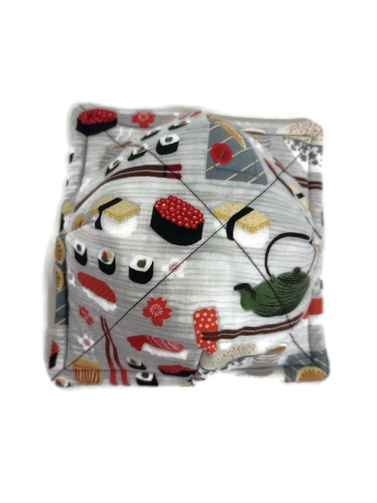Bowl cozy, Microwave Safe Cotton Hot Soup Bowl Pot Holder, Sushi Lovers Gift, House Warming Gift in a Sushi Noodle and Chopstick Fabric