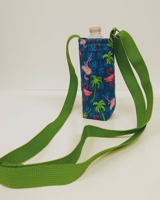 Water Bottle Holder in a Tropical Flamingo Fabric Print by Sewuseful Studios LLC
