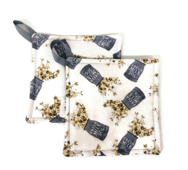Potholder Set in a Farmhouse Milk Jug Fabric Print by Sewuseful Studios LLC (2 piece set)