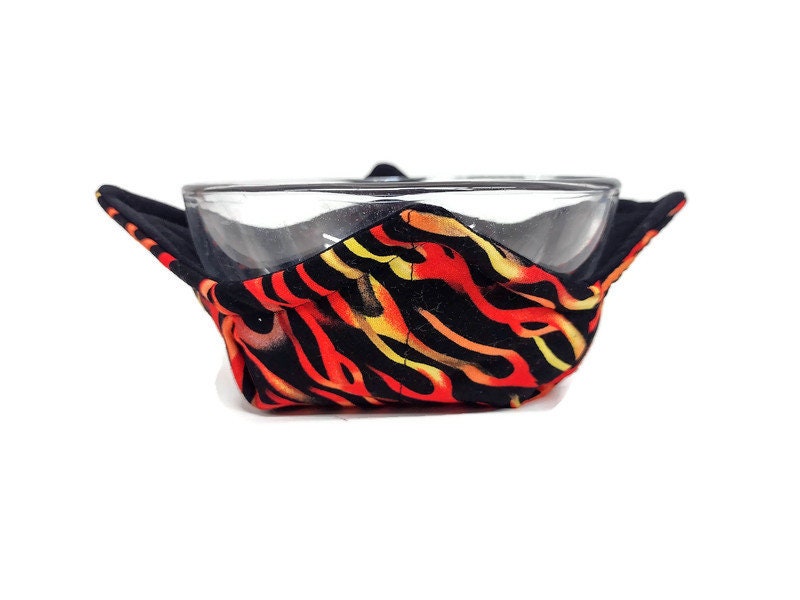 Bowl Cozy Microwave Safe Cotton Hot Soup Bowl Pot Holder in a Reversible Hot Flame and Solid Black Fabric Print