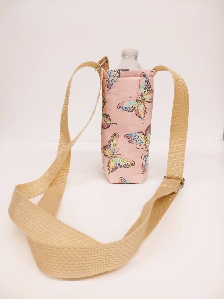 Tan Butterflies Insulated Water Bottle Holder with Adjustable Strap