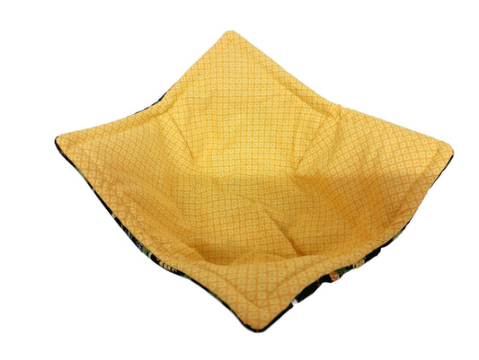 Bowl Cozy Microwave Safe Cotton Soup Hot Bowl Pot Holder in a Black Dandelion with Bees and Hatched Yellow Fabric Print