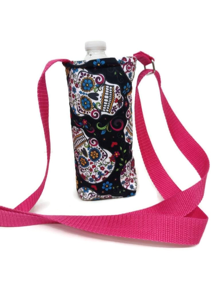 Pink Sugar Skull Insulated Water Bottle Holder with Adjustable Strap