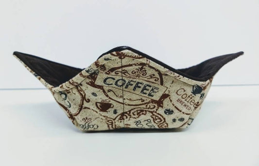 Bowl Cozy Microwave Safe Cotton Soup Hot Bowl Pot Holder in a Pure Roast Coffee Bag and Solid Brown Fabric Print