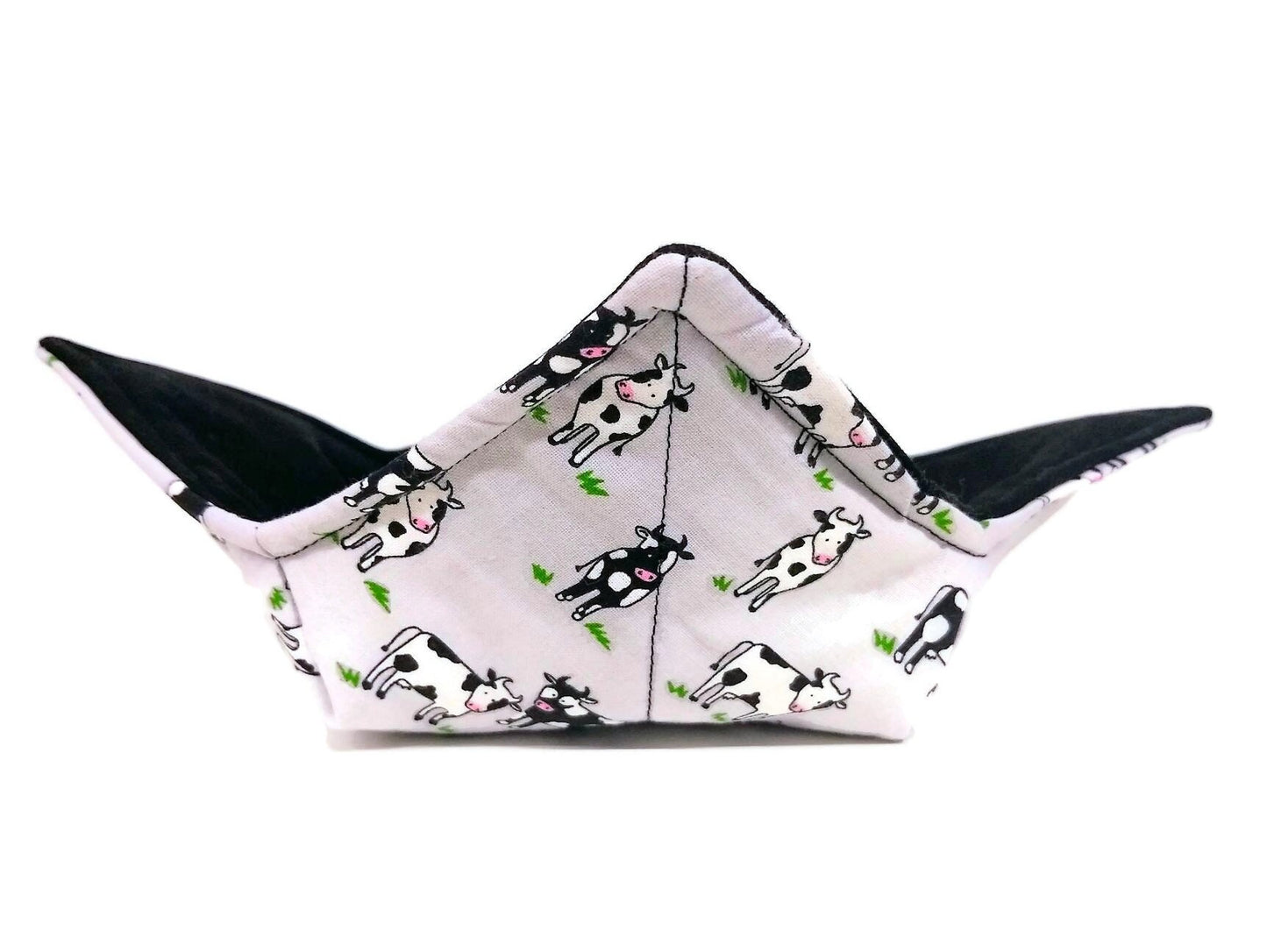 Microwavable Bowl Cozy Mini cows in field quilted cotton reversible microwavable soup bowl holder