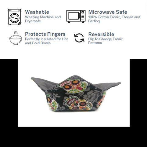 Bowl Cozy, Microwave Safe Cotton Soup Hot Bowl Pot Holder, Sugar Skull Lover Gift, Halloween Gift in a Grey Sugar Skull Fabric Print