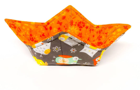 Bowl Cozy Microwave Safe Cotton Hot Soup Bowl Pot Holder in a Grey Owl Fabric Print