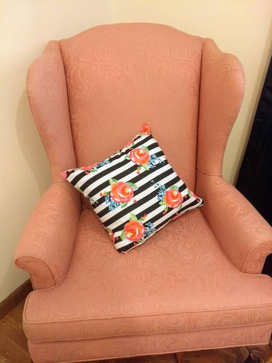 18 x 18 inch Black and White stripped rose throw pillow with invisible zipper