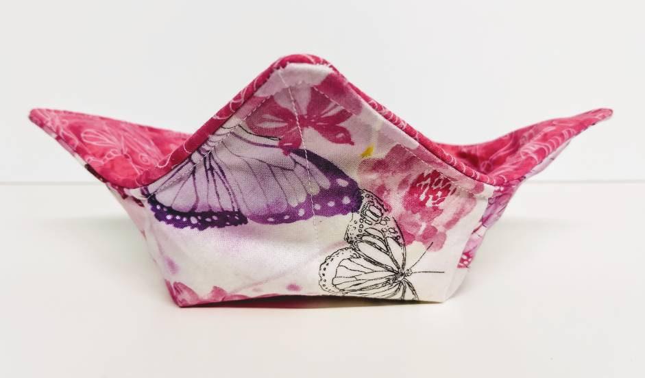 Bowl Cozy Microwave Safe Cotton Soup Hot Bowl Pot Holder in a Multicolored Pink Butterfly and Pink Dragonfly Outline Fabric Print