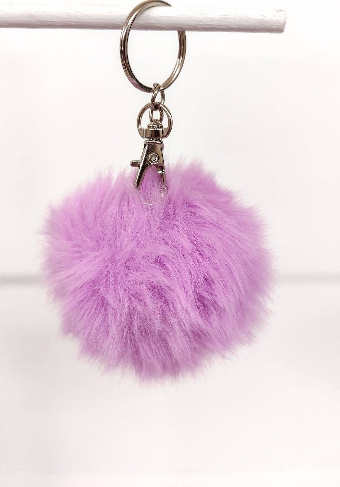 Purple faux fur pom pom keychain with lobster clasp