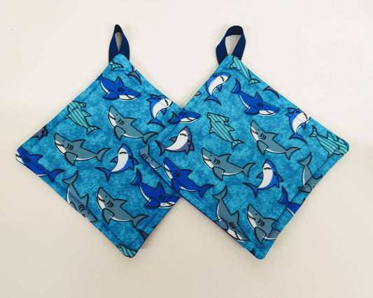 Pot holder for kitchen Pot Holder Set Oven Hot Pad Pot Holder for Cooking or Baking in a Blue Shark Fabric Print