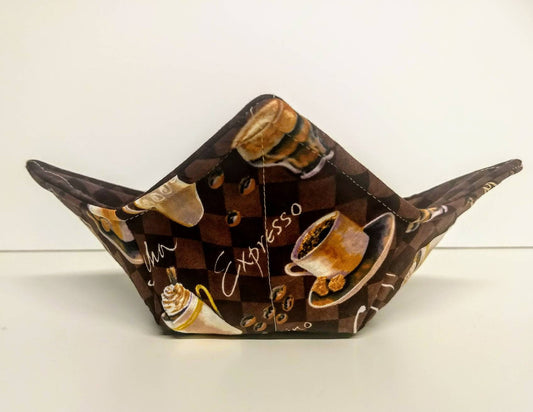 Bowl Cozy Microwave Safe Cotton Soup Hot Bowl Pot Holder in a Coffee, Espresso, Mocha Fabric Print