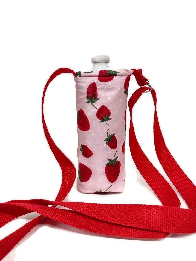 Adjustable Water Bottle Holder in a Strawberry Festival Fabric Print by Sewuseful Studios LLC