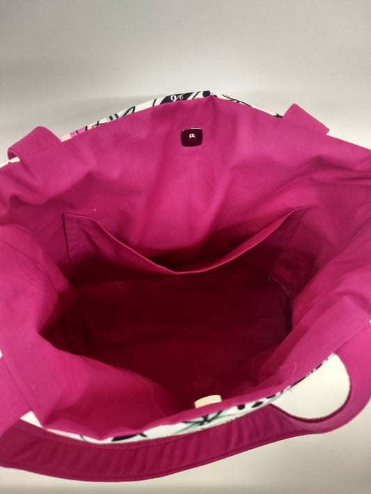 Bright pink abstract flower Beach Bag or Tote Bag with Pocket
