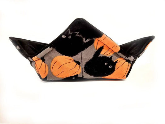Bowl Cozy Microwave Safe Cotton Soup Hot Bowl Pot Holder in a Fuzzy Black Cat and Solid Black Fabric Print