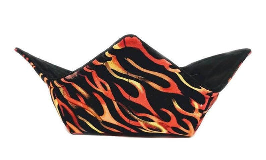 Bowl Cozy Microwave Safe Cotton Hot Soup Bowl Pot Holder in a Reversible Hot Flame and Solid Black Fabric Print