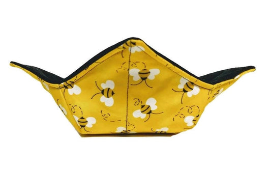 Bowl Cozy Microwave Safe Cotton Soup Hot Bowl Pot Holder in a Yellow Honey Bee and Solid Black Fabric Print