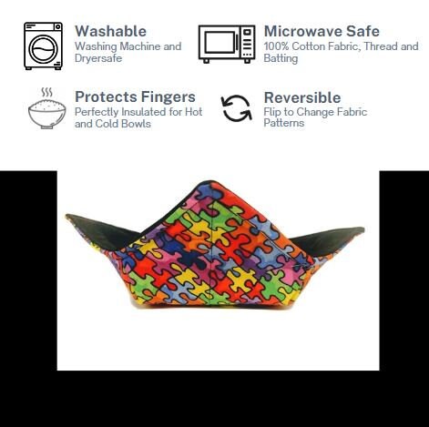 Bowl Cozy Microwave Safe Cotton Hot Soup Bowl Pot Holder in a Multicolored Puzzle Piece and Solid Black Fabric Print