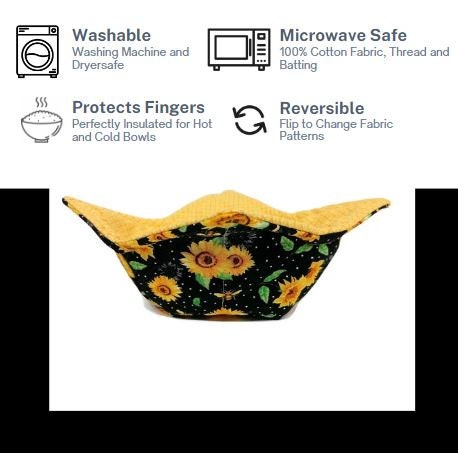 Bowl Cozy Microwave Safe Cotton Hot Soup Bowl Pot Holder in a Reversible Black Sunflower and Yellow Hatched Fabric Print