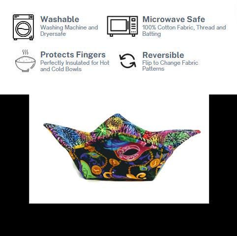 Bowl Cozy, Mardi Gras Gift, Mardi Gras Celebration, Useful Gift Bowl Cozy in Mardi Gras Mask and Fireworks Fabric Print