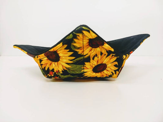 Bowl Cozy Microwave Safe Cotton Soup Hot Bowl Pot Holder in a Sunflower Garden and Black Fabric Print