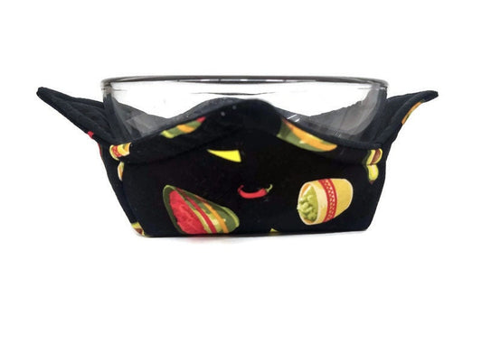 Bowl Cozy Microwave Safe Cotton Soup Hot Bowl Pot Holder in a Cinco de Mayo Salsa and Solid Black Fabric Print