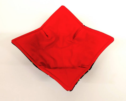Bowl Cozy Microwave Safe Cotton Soup Hot Bowl Pot Holder in a Retro Cherry and Solid Red Fabric Print