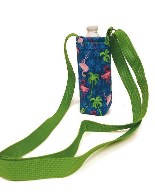 Water Bottle Holder in a Tropical Flamingo Fabric Print by Sewuseful Studios LLC
