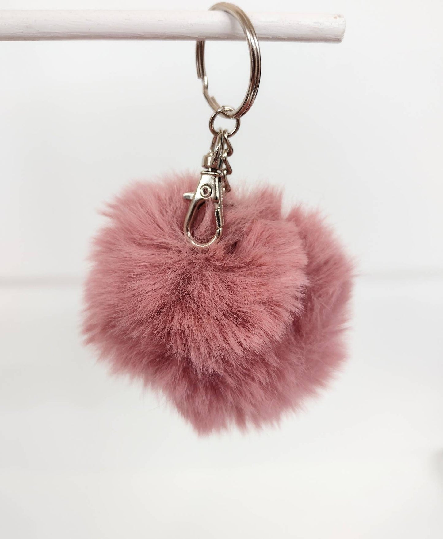 Mauve faux fur pom pom keychain with lobster clasp