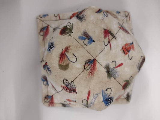 Bowl Cozy Microwave Safe Cotton Hot Soup Bowl Pot Holder in a Reversible Fishing Lure and Solid Brown Fabric Print