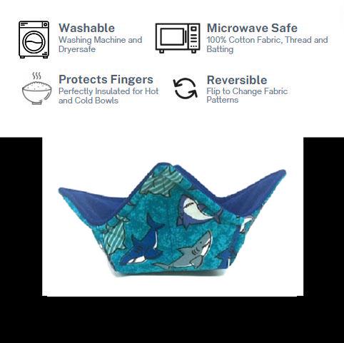 Bowl Cozy Microwave Safe Gift, Shark Lover Gift, Shark Gift, Useful Gifts in a Blue Shark Fabric Print