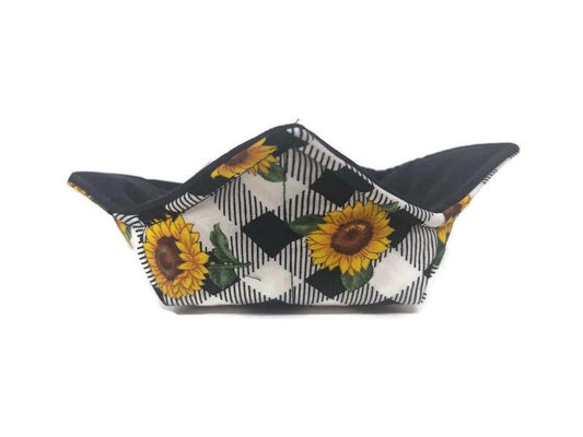 Bowl Cozy Microwave Safe Cotton Soup Hot Bowl Pot Holder in a Plaid Black and White Sunflower Fabric Print